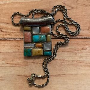 Vintage Sterling Silver Tile Style Pendant Necklace